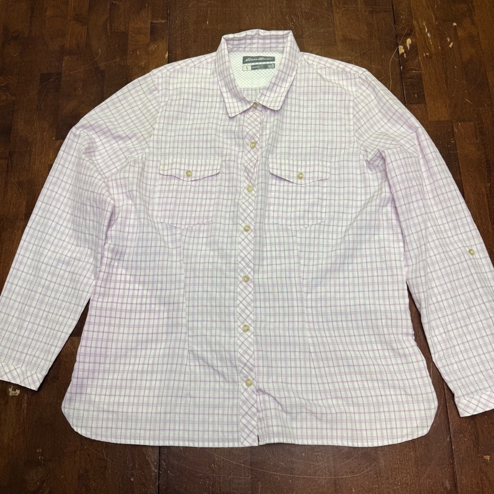 Eddie Bauer Travex‎ Shirt Womens XL Purple Plaid Long Sleeve Button Up Hiking - Picture 2 of 8